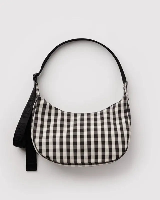 Medium Nylon Crescent Bag - Black and Cream Gingham