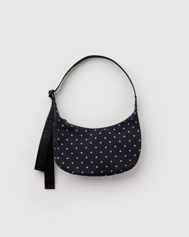 Small Nylon Crescent Bag - Black and Sky Blue Micro Dot