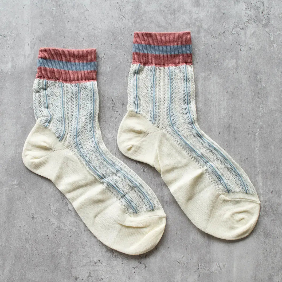 Ankle Mesh Striped Casual Socks - Cream