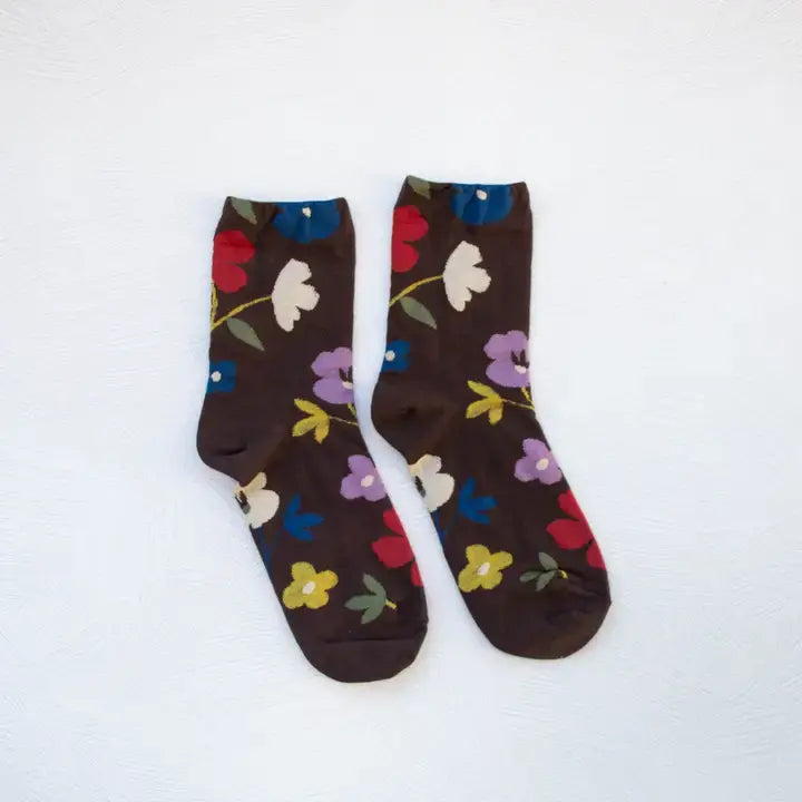 Ella Floral Casual Socks- Dark Brown