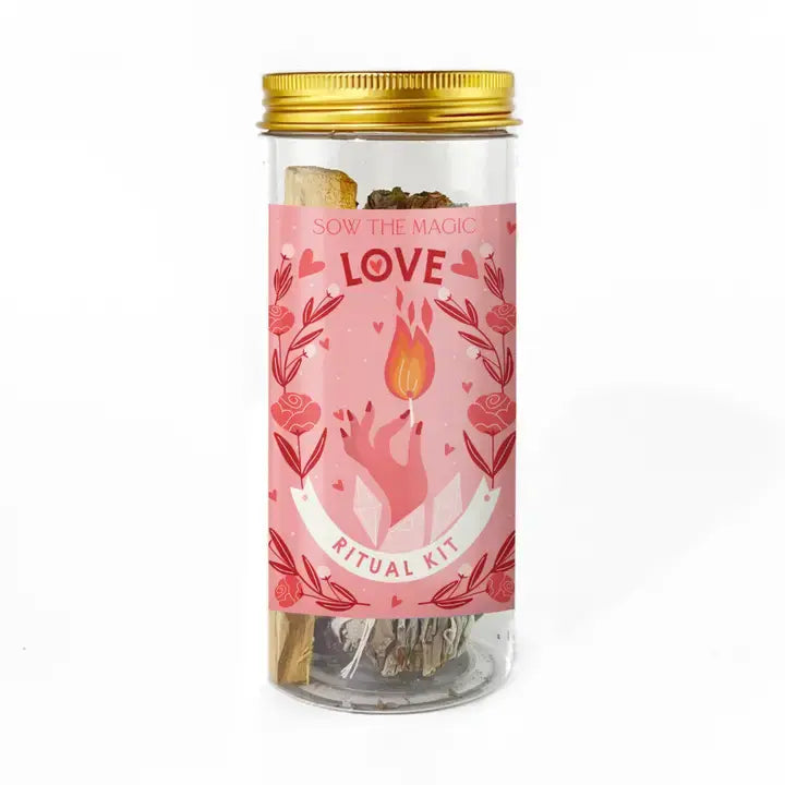 Love Ritual Kit Jar with Rose Quartz, Palo Santo + Sage