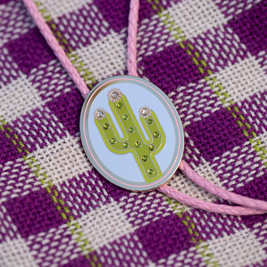 Rhinestone Cactus Bolo Tie - Pink Cord