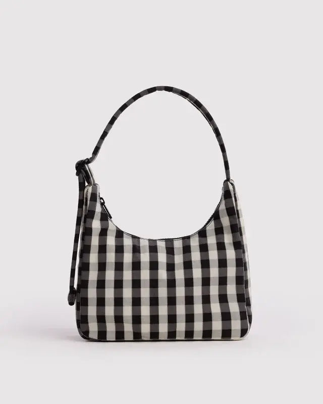 Mini Nylon Shoulder Bag - Black and Cream Gingham