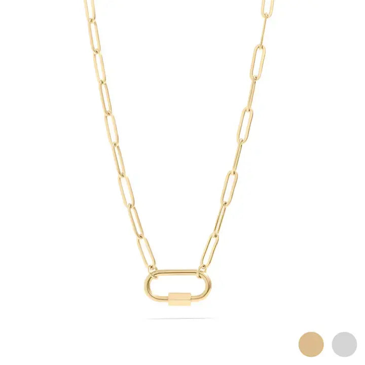 18K Gold Paperclip Carabiner Necklace-18-20"