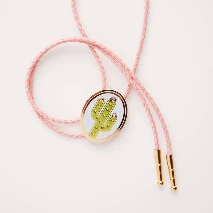 Rhinestone Cactus Bolo Tie - Pink Cord