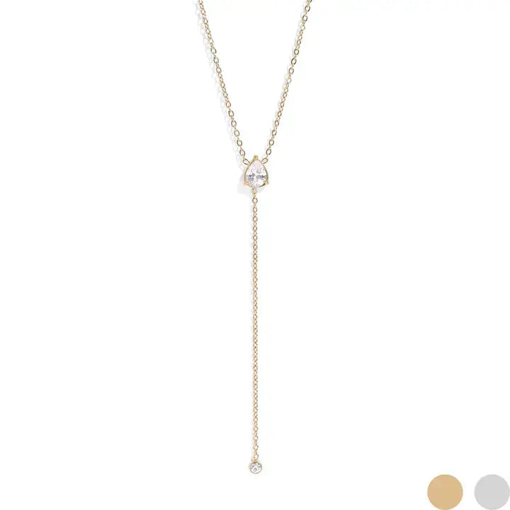 18K Gold Teardrop Cz Lariat Necklace
