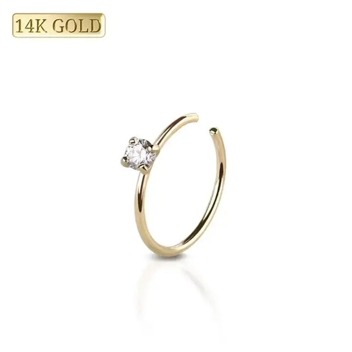 Single Prong Set Stone 14 Karat Gold Nose Hoop "O-Ring"