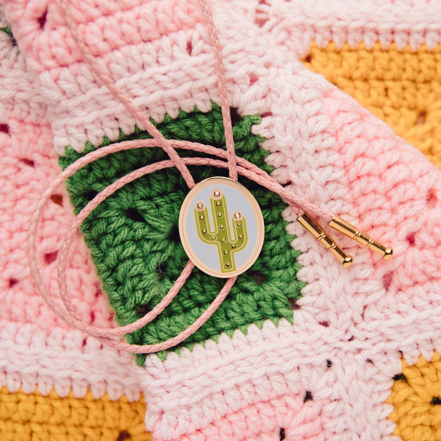 Rhinestone Cactus Bolo Tie - Pink Cord