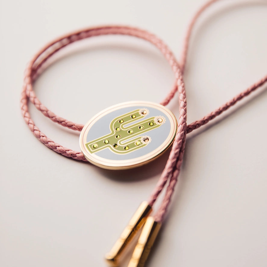 Rhinestone Cactus Bolo Tie - Pink Cord