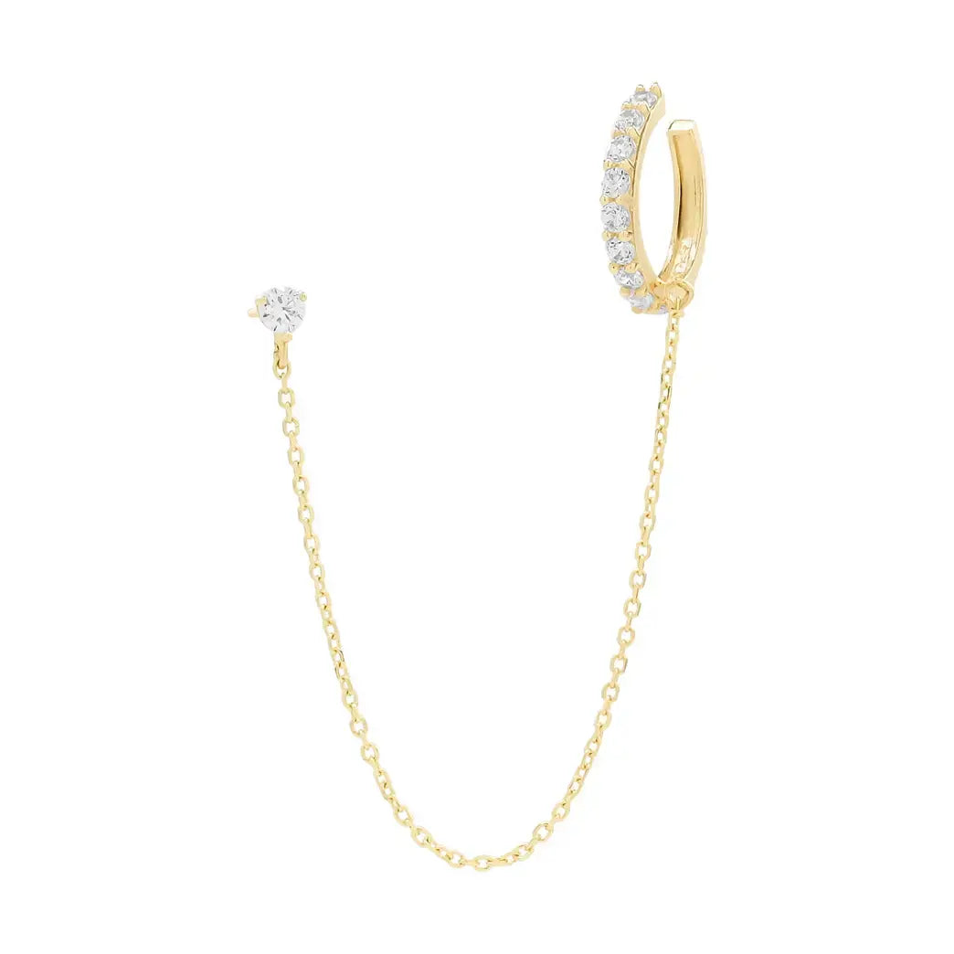 14k Solid Gold Cz Ear Cuff / Cz Stud Dangle Chain