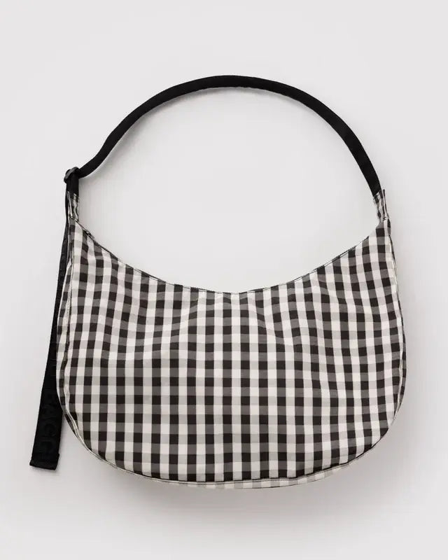 Large Nylon Crescent Bag - Black and Cream Gingham