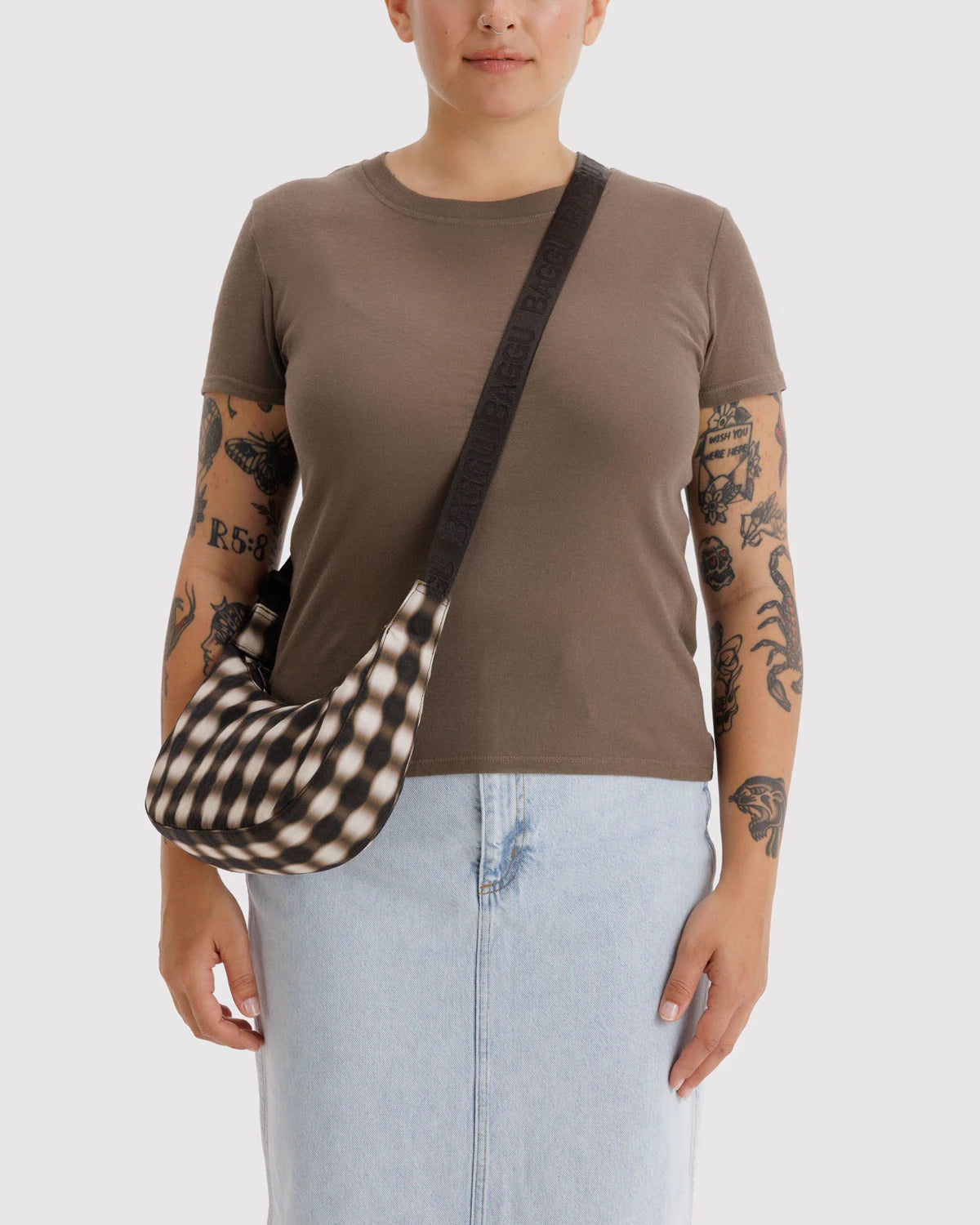 Small Nylon Crescent Bag - Blurred Gingham Brown