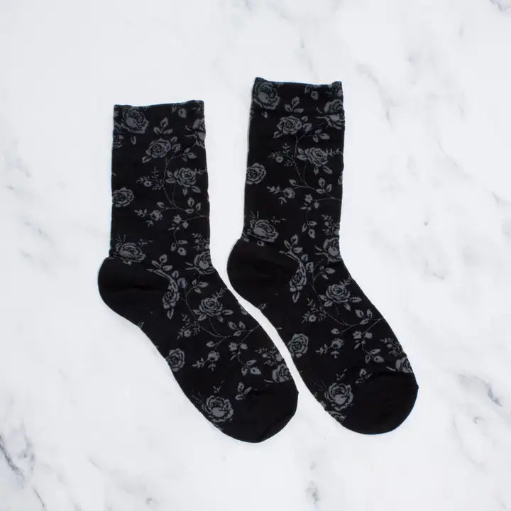 Antique Rose Garden Socks-Black