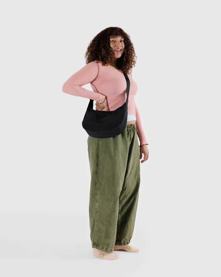 Medium Nylon Crescent Bag- Black