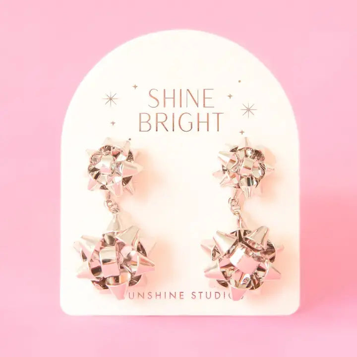 Holiday Bow Earrings- Double - Silver