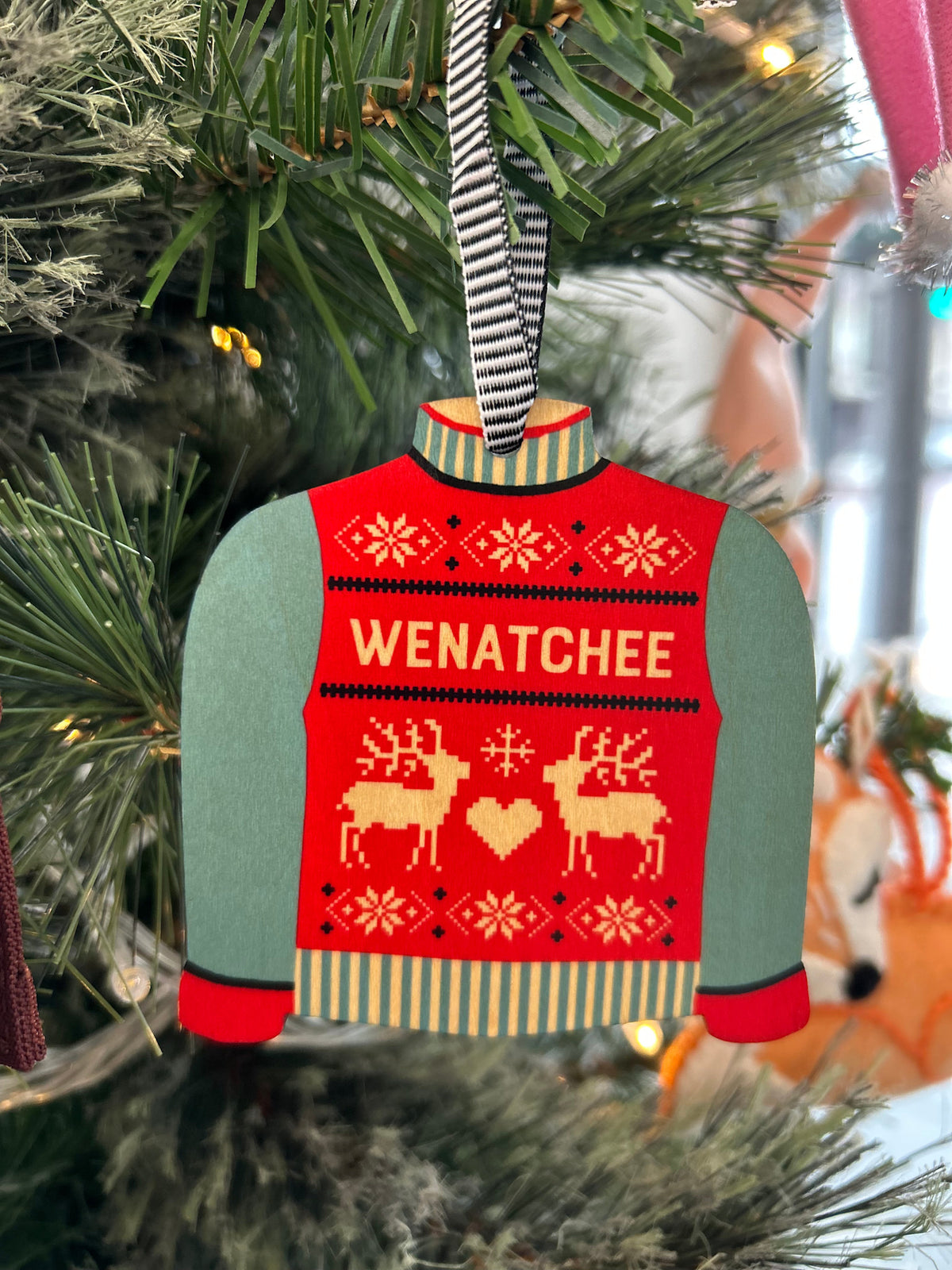 Colorful Sweater Wenatchee Ornament- Blue & Red