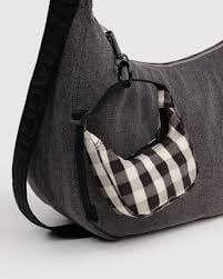 Crescent Bag Charm - Black and Cream Gingham